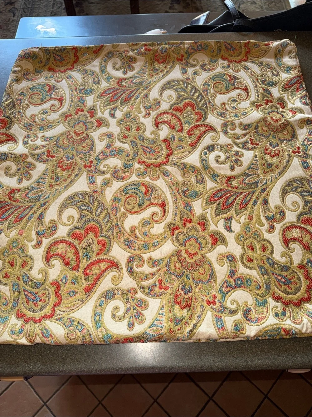Paisley Print Fabric Pillow Cover Sham - Cream Base w Red, Green & Gold Paisley